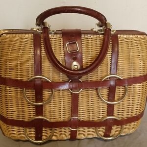 Brown Woven Handbag with Leather Accents